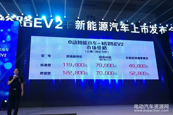 补贴后售价4.98万起 裕路EV2正式上市